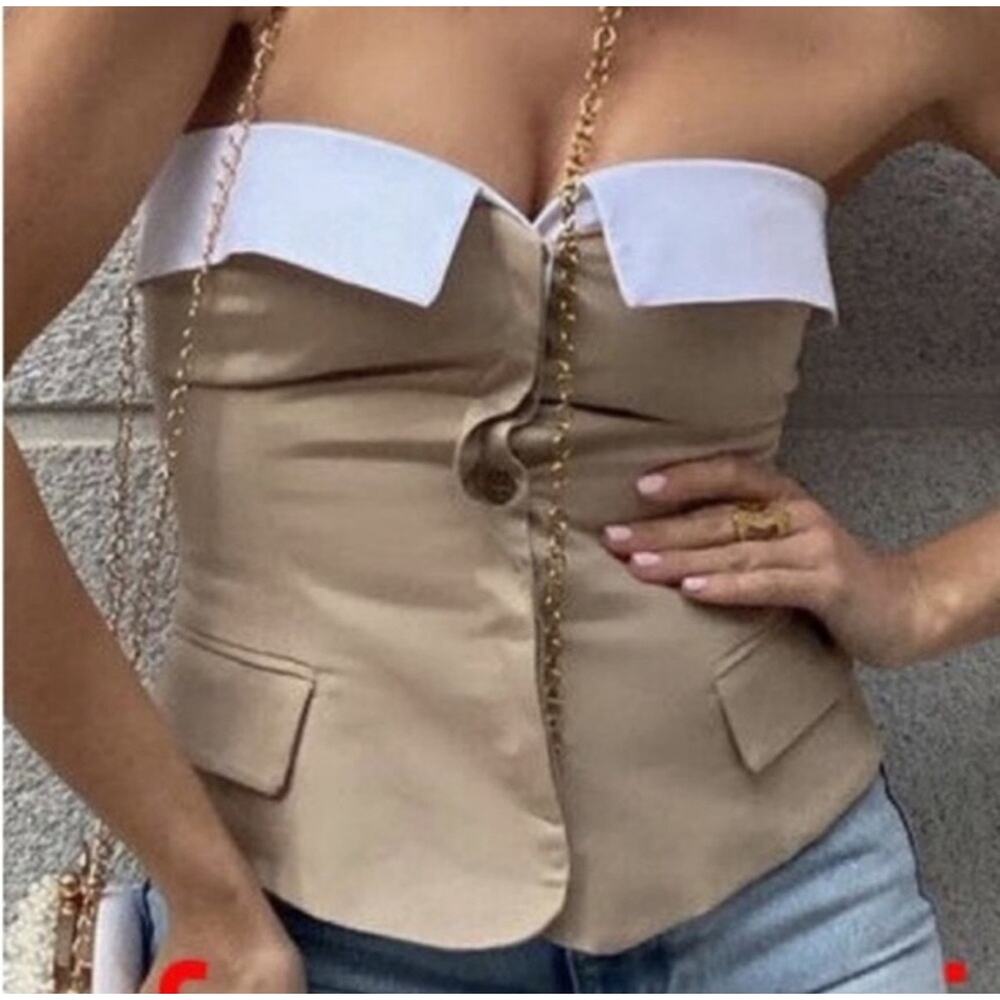 NWT ZARA Women's Beige Sleeveless Gabardine Corset Top Size Medium